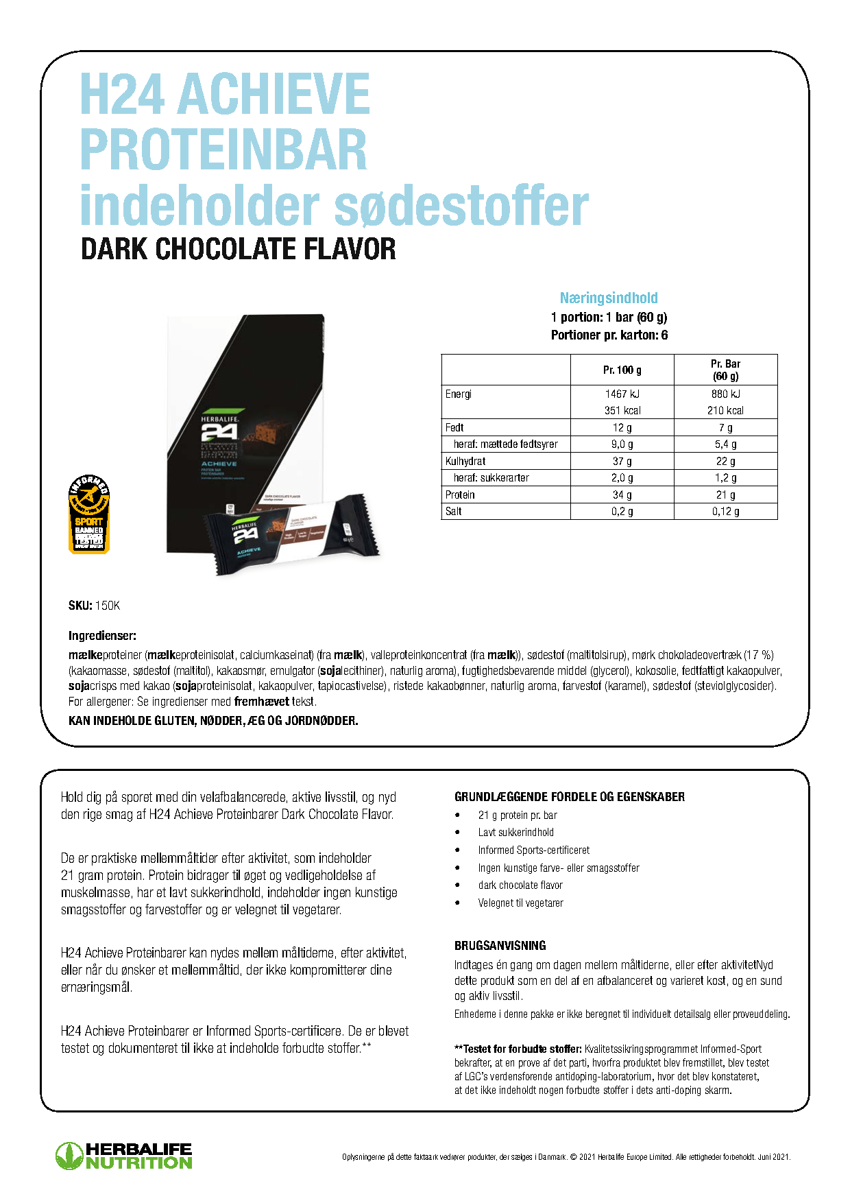 H24 Achieve Protein Bar - Mørk Chokolade (6 x 60 g.) - Billede 2