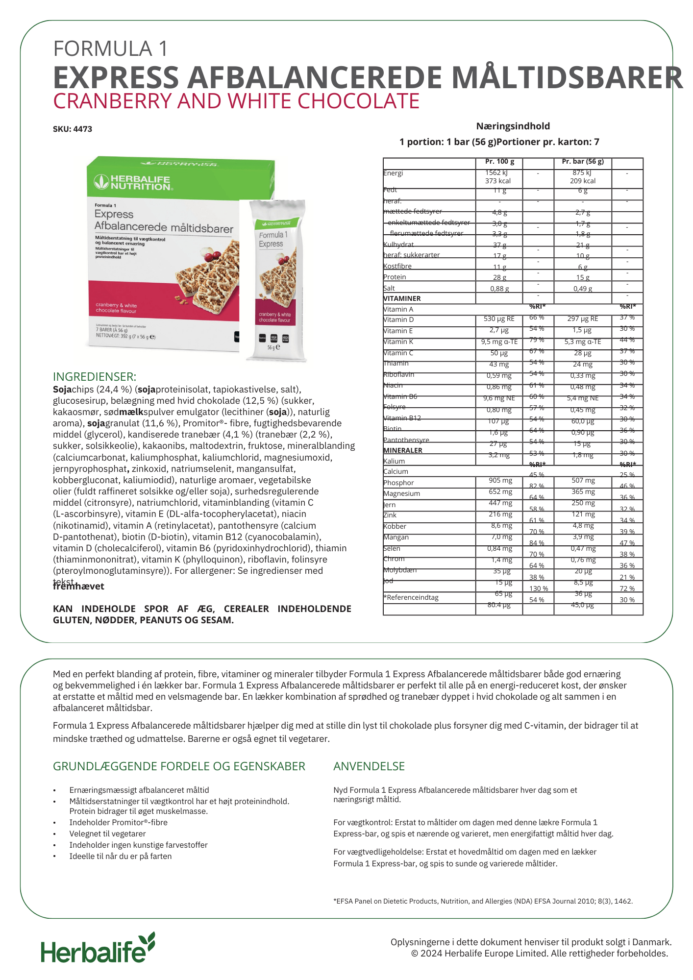 Formula1 Express Protein Måltidsbar - Hvid chokolade & cranberry (7 x 56 g.) - Billede 2
