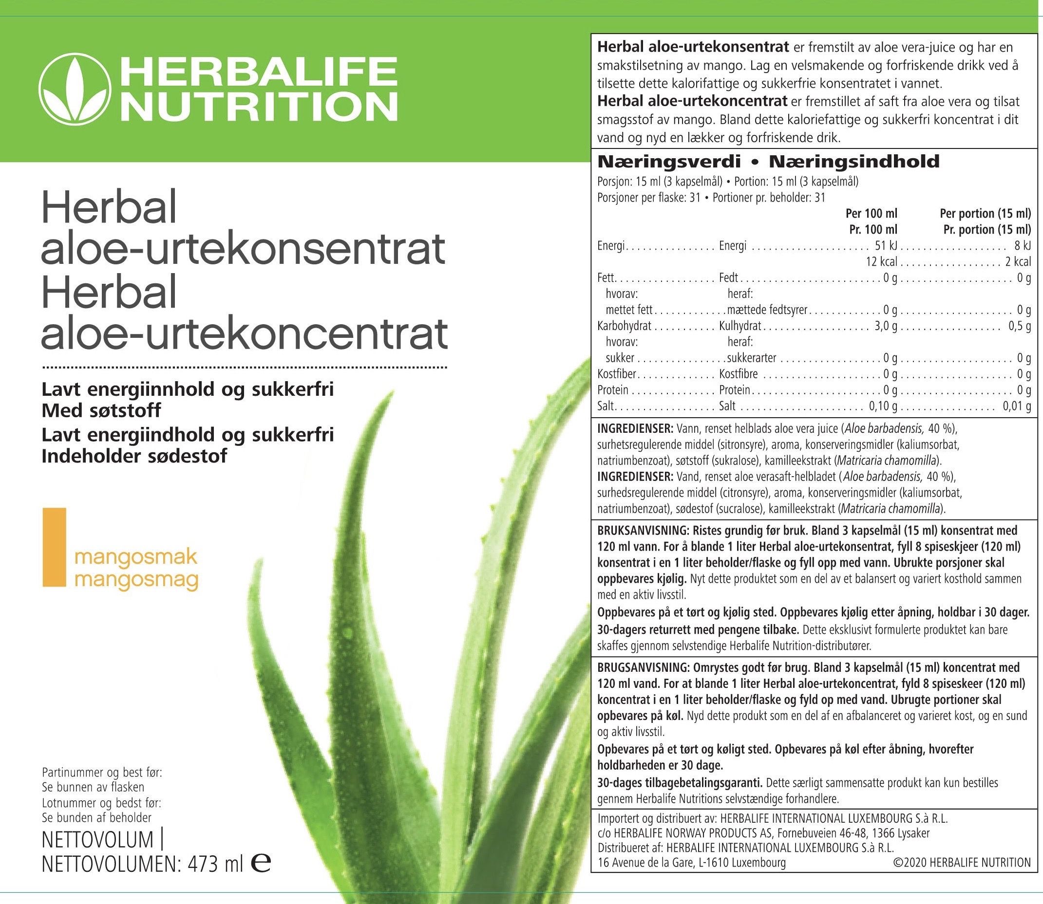 Herbal Aloe Vera Urtedrik - Mango (473 ml.) - Billede 2