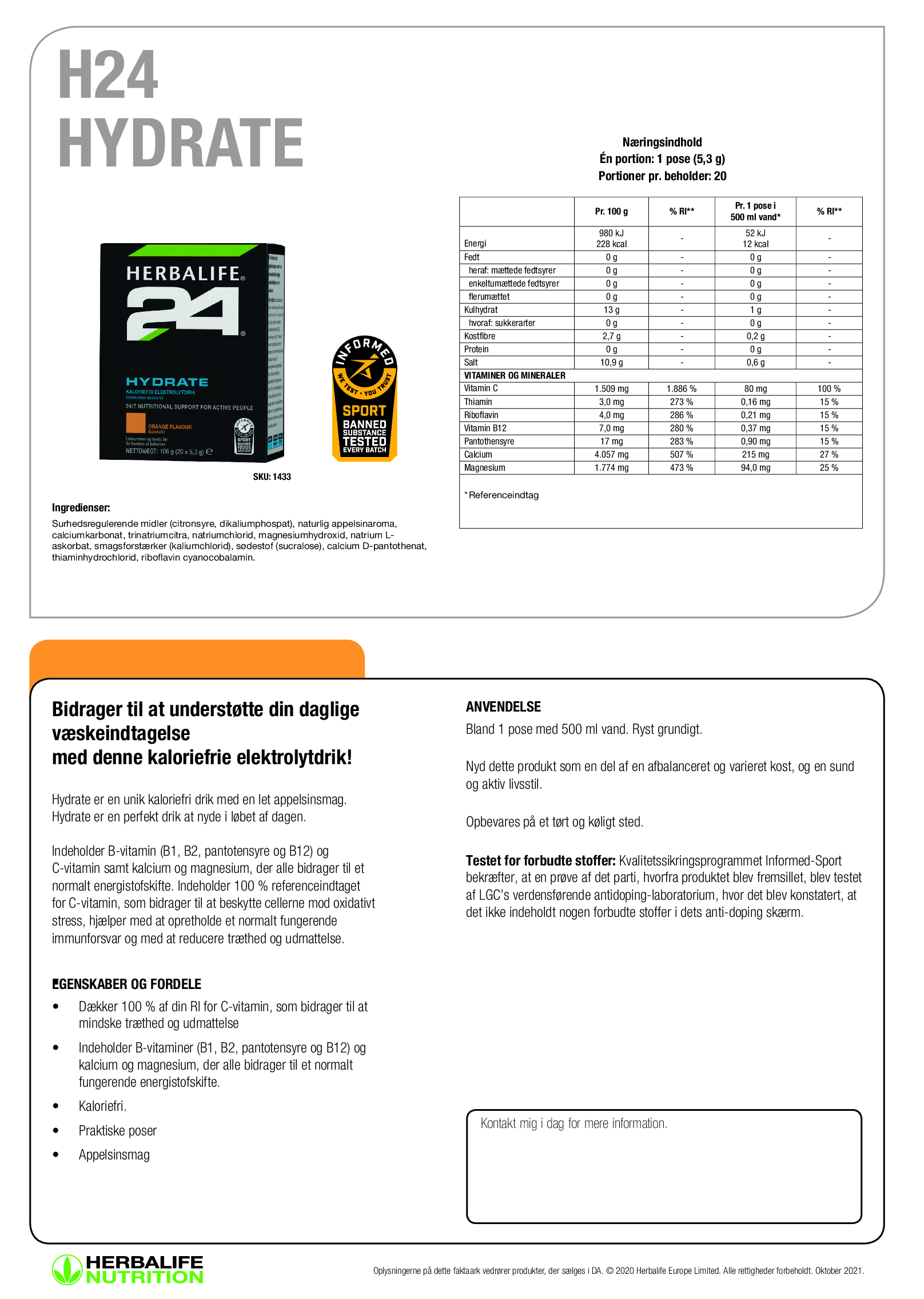 Herbalife24 Hydrate - Elektrolyt-drik med appelsinsmag (20 poser) - Billede 2