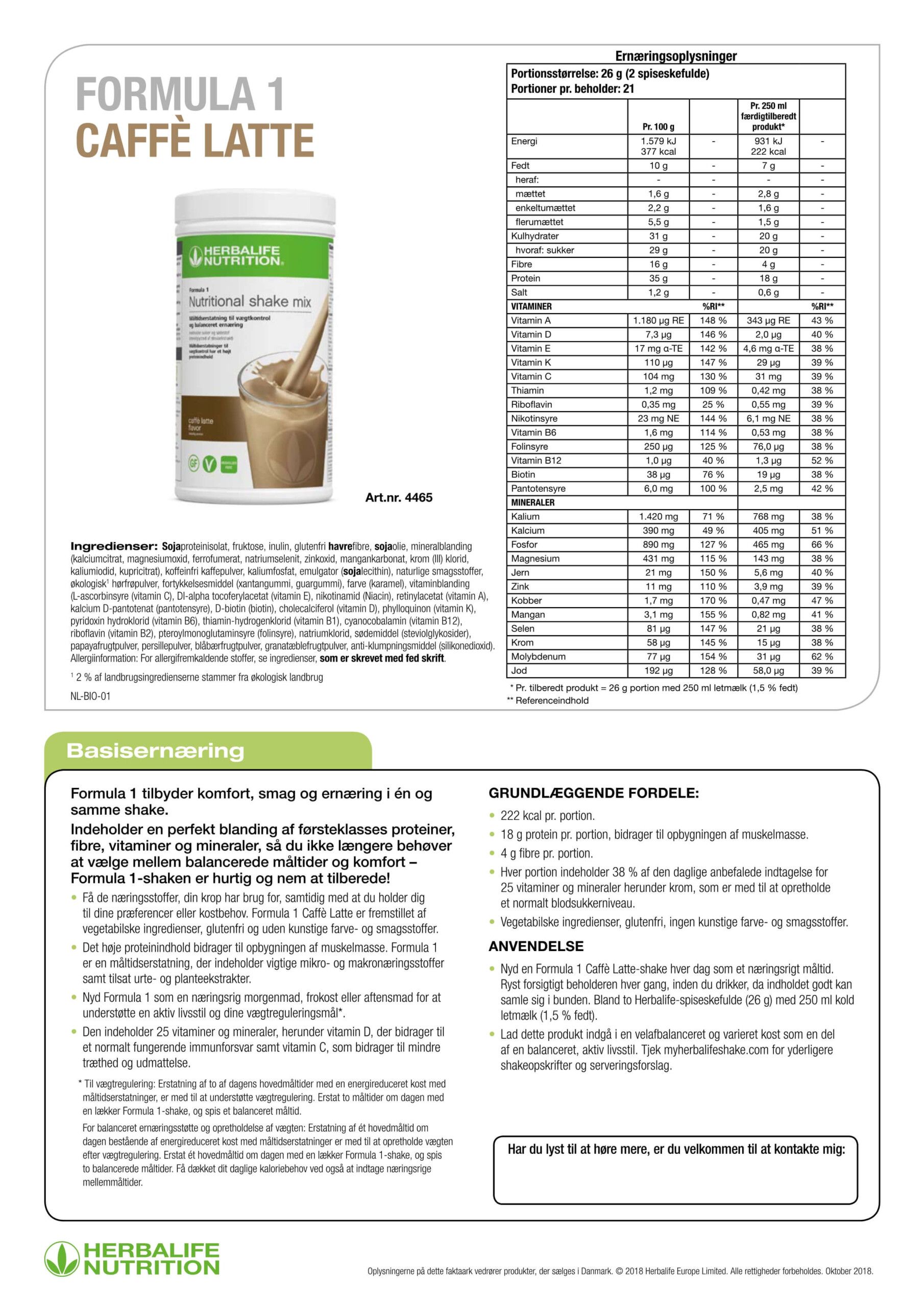 Formula 1 Nutritional Shake Mix - Caffé Latte (550 g.) - Billede 2