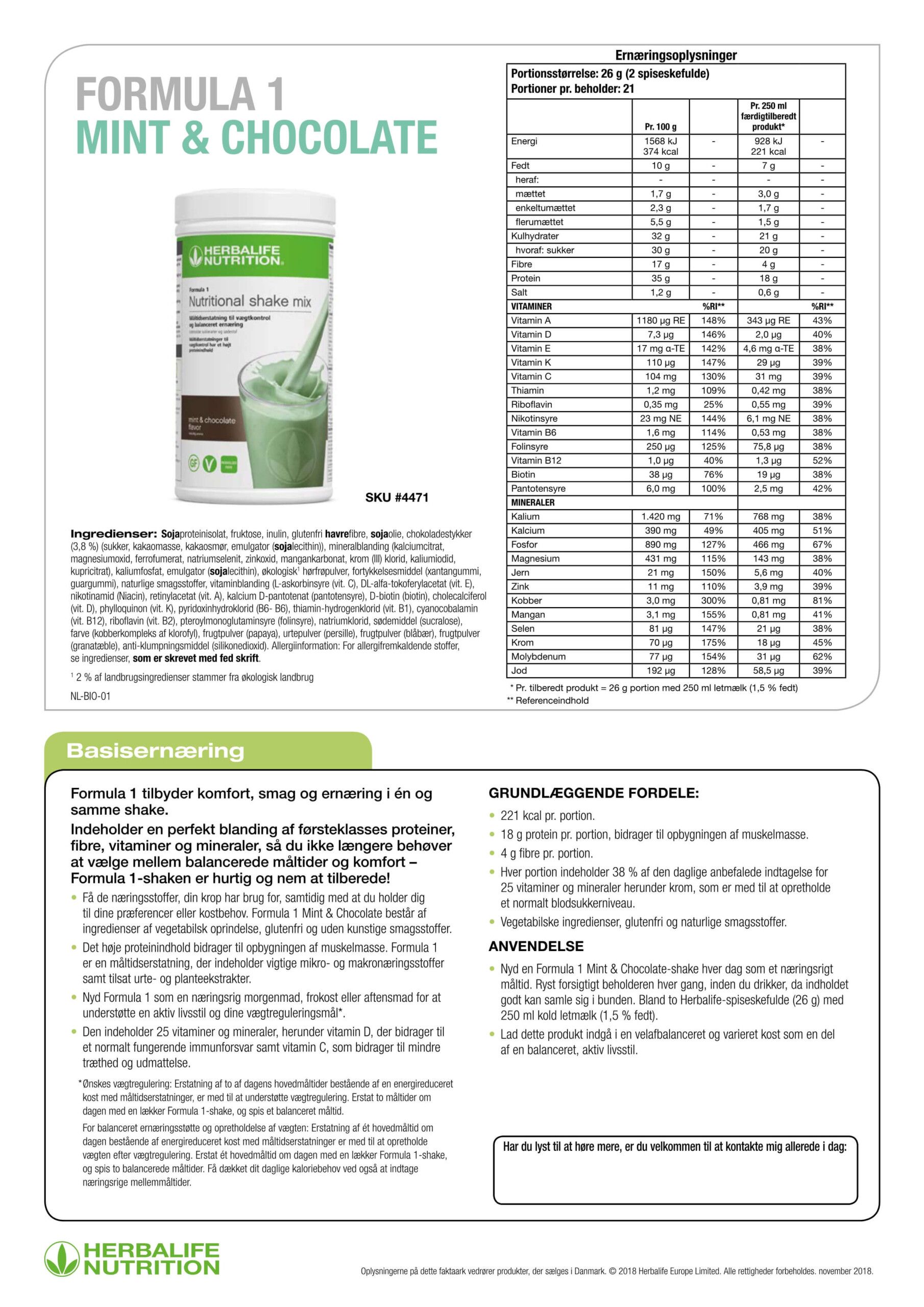 Formula1 Nutritional Shake Mix - Mint Chocolate (550 g.) - Billede 2